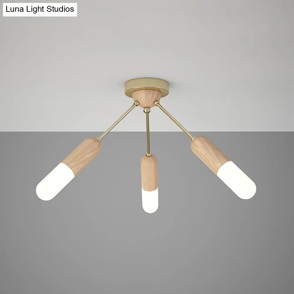 Modern Wood Capsule Semi Mount Ceiling Lamp For Bedroom - Beige 3/5 - Light