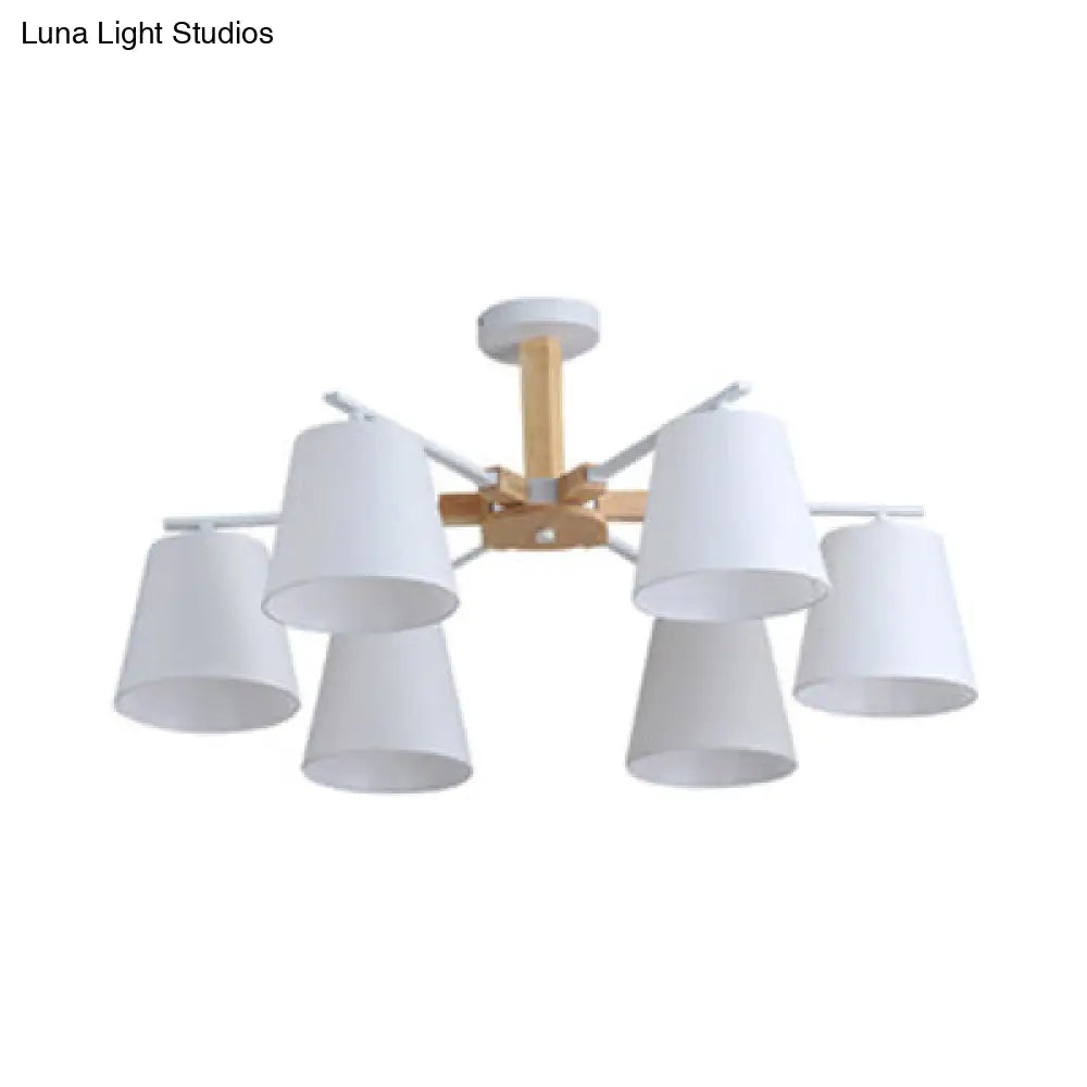 Modern Wood Ceiling Pendant Light With Tapered Shade Chandelier Design - 3/6 Fabric Heads Ideal For