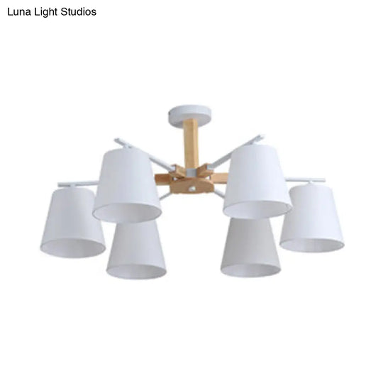 Modern Wood Ceiling Pendant Light With Tapered Shade Chandelier Design - 3/6 Fabric Heads Ideal For