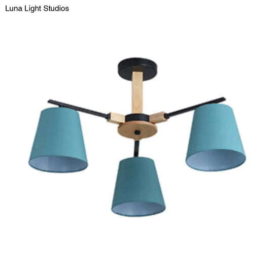 Modern Wood Ceiling Pendant Light With Tapered Shade Chandelier Design - 3/6 Fabric Heads Ideal For