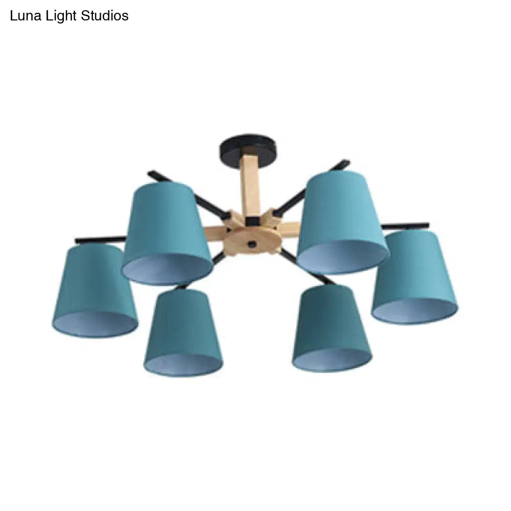 Modern Wood Ceiling Pendant Light With Tapered Shade Chandelier Design - 3/6 Fabric Heads Ideal For