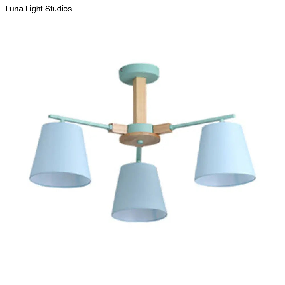 Modern Wood Ceiling Pendant Light With Tapered Shade Chandelier Design - 3/6 Fabric Heads Ideal For