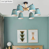 Modern Wood Ceiling Pendant With Tapered Fabric Shade - Available 3/6 Heads For Living Room