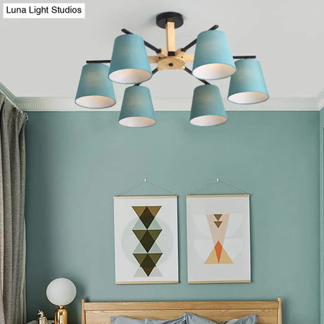 Modern Wood Ceiling Pendant With Tapered Fabric Shade - Available 3/6 Heads For Living Room