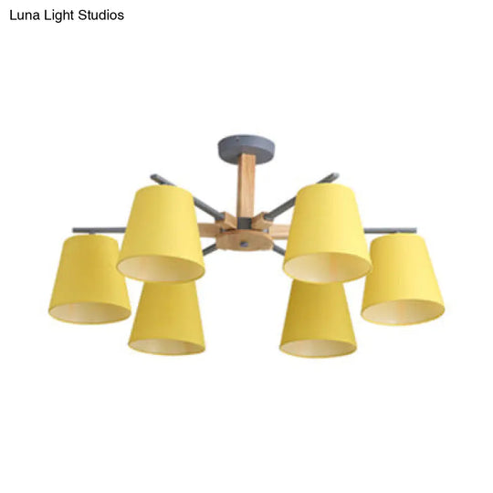 Modern Wood Ceiling Pendant Light With Tapered Shade Chandelier Design - 3/6 Fabric Heads Ideal For