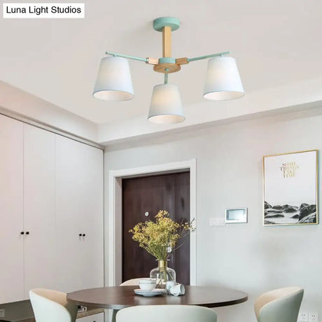 Modern Wood Ceiling Pendant With Tapered Fabric Shade - Available 3/6 Heads For Living Room