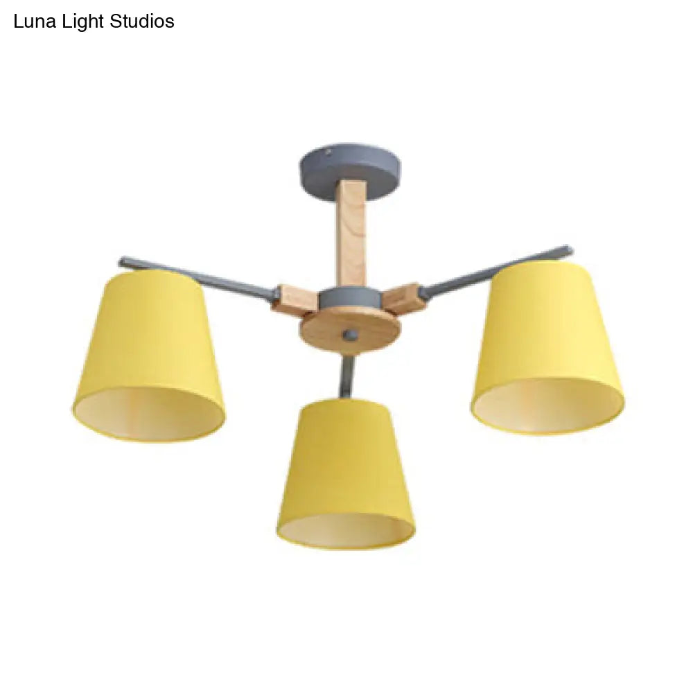 Modern Wood Ceiling Pendant Light With Tapered Shade Chandelier Design - 3/6 Fabric Heads Ideal For
