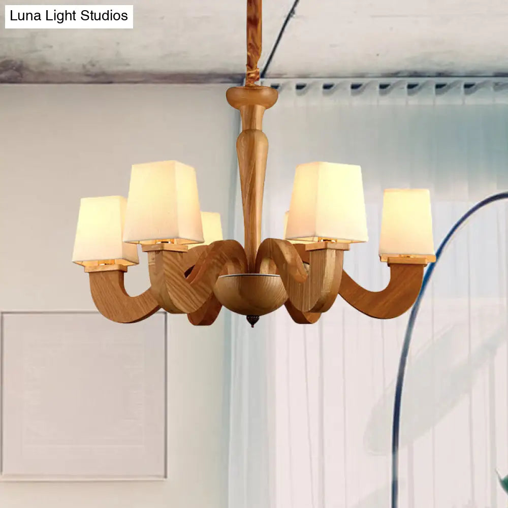 Modern Wood Curved Arm Chandelier With Trapezoid Fabric Shade - 6-Head Ceiling Lamp