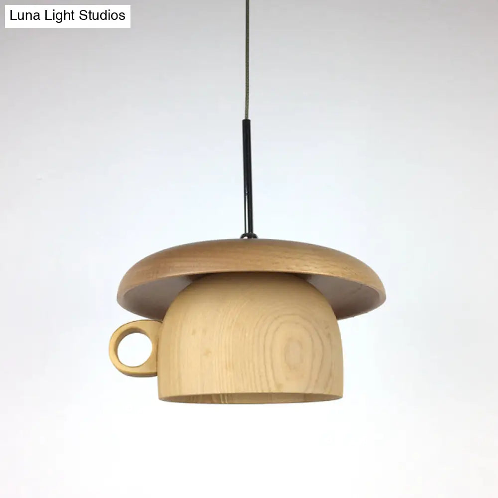 Modern Wood Coffee-Cup Pendant Light With Led Bulb - Beige Ceiling Hang Fixture