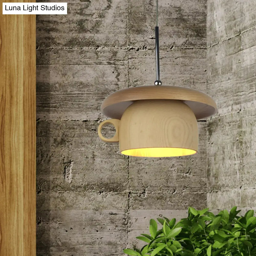 Modernist Wood Coffee-Cup Pendant Light With Led Beige Ceiling Hang Fixture - 1-Bulb