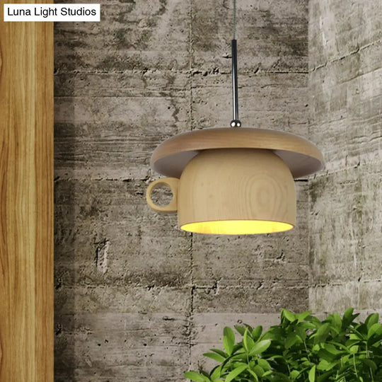 Modernist Wood Coffee-Cup Pendant Light With Led Beige Ceiling Hang Fixture - 1-Bulb