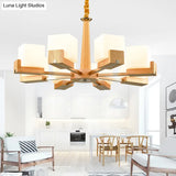 Modern Wood Cube Chandelier With Multiple Bulbs For Bedroom