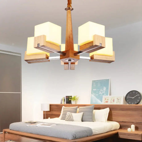 Modern Wood Cube Chandelier With Multiple Bulbs For Bedroom 5 /