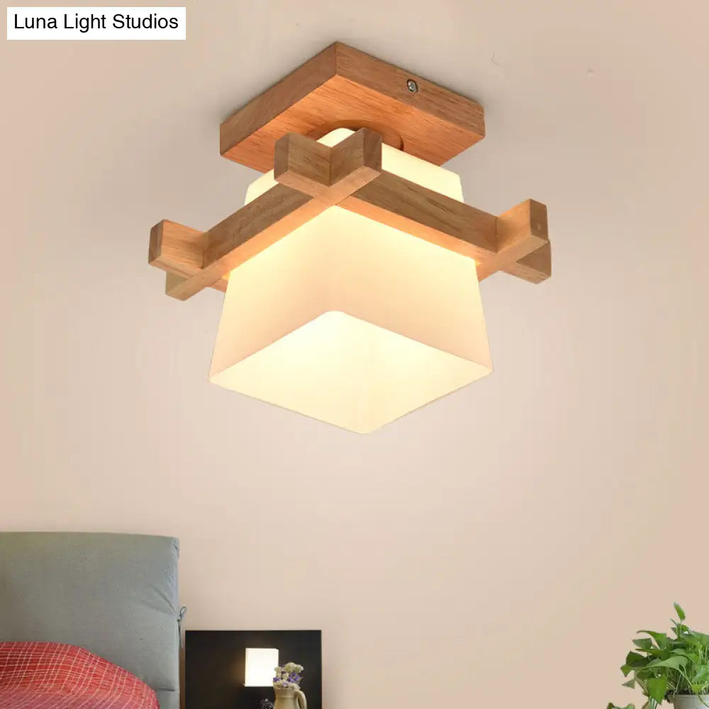 Modern Wood Flush Mount Lamp - White Glass With Trapezoid Design