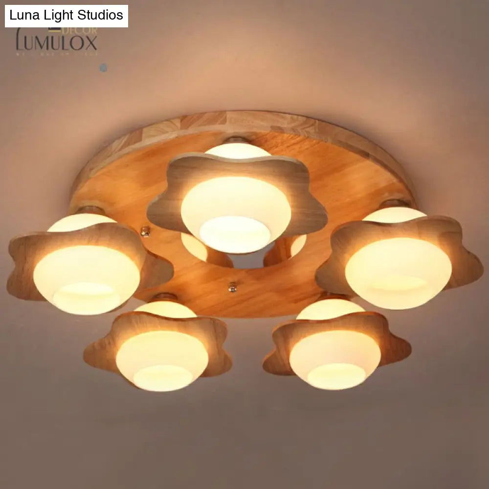 Modern Wood Flushmount With Flower Ivory Glass Shade - 5 Lights Bedroom Flush Ceiling Light