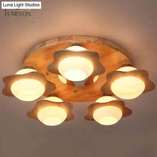 Modern Wood Flushmount With Flower Ivory Glass Shade - 5 Lights Bedroom Flush Ceiling Light