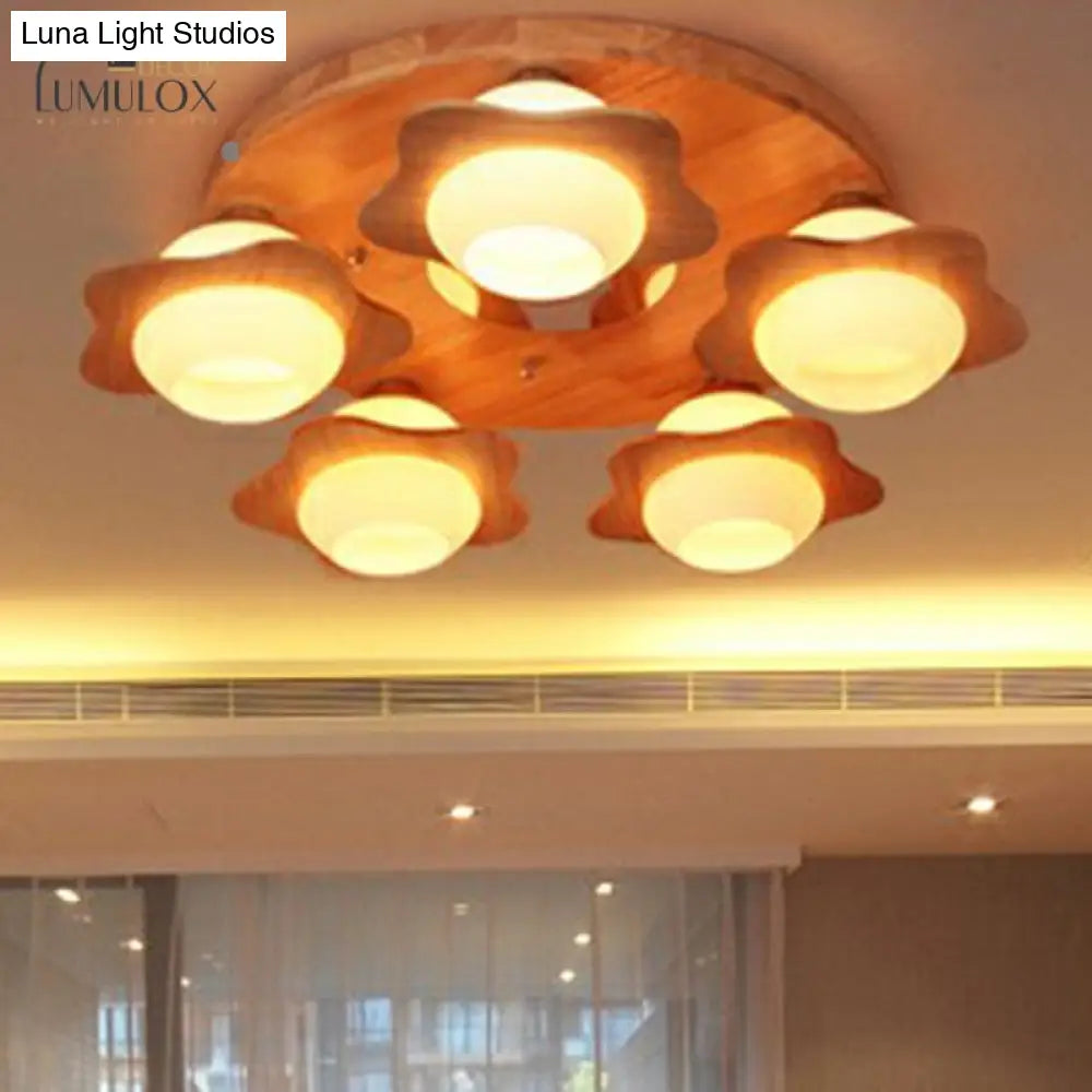 Modern Wood Flushmount With Flower Ivory Glass Shade - 5 Lights Bedroom Flush Ceiling Light