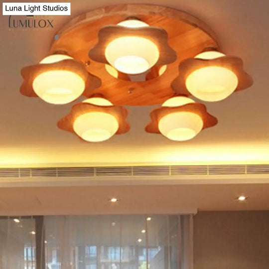 Modern Wood Flushmount With Flower Ivory Glass Shade - 5 Lights Bedroom Flush Ceiling Light