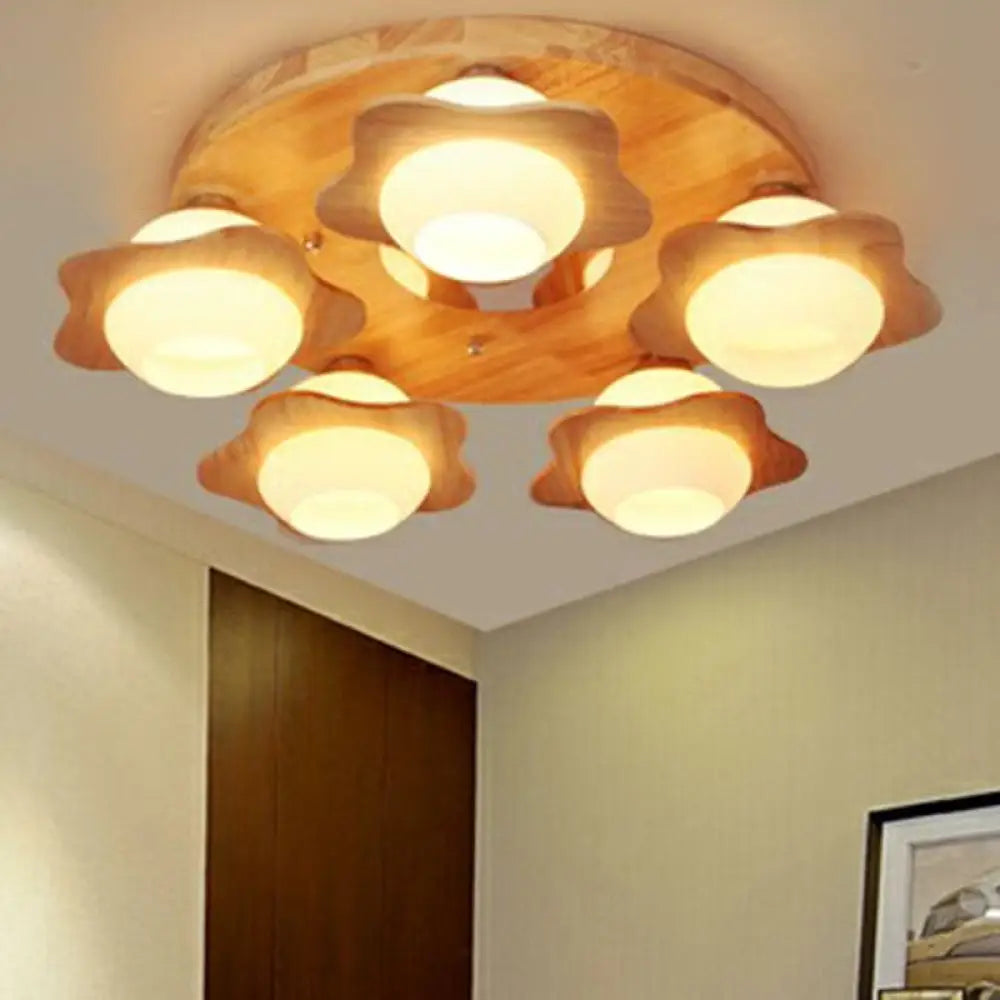 Modern Wood Flushmount With Flower Ivory Glass Shade - 5 Lights Bedroom Flush Ceiling Light