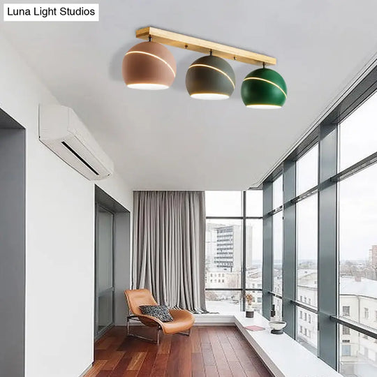 Modern Wood Island Ceiling Light Fixture - Dome Metal Lampshade 3 Heads Semi Flush For Study Room