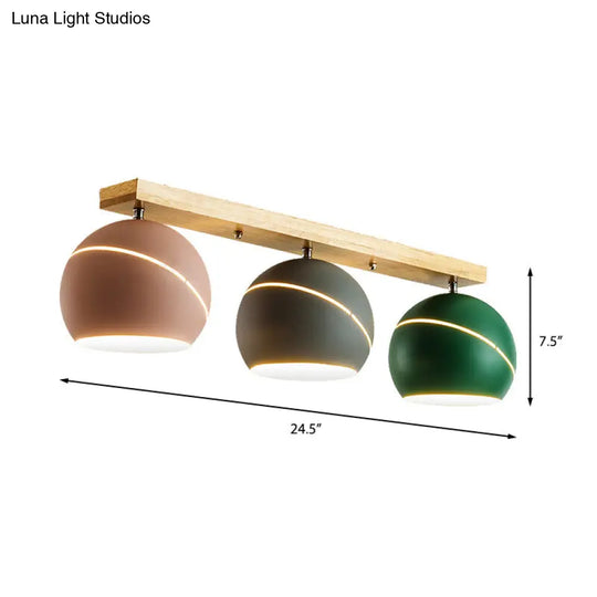 Modern Wood Island Ceiling Light Fixture - Dome Metal Lampshade 3 Heads Semi Flush For Study Room