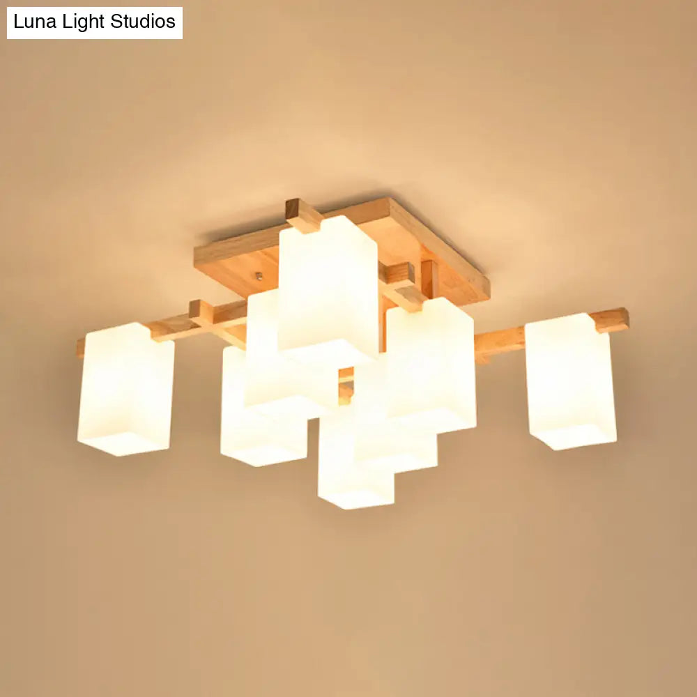 Modern Wood Living Room Semi Flush Mount Chandelier With White Glass Shade - Square Design
