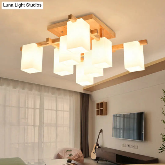 Modern Wood Semi-Flush Ceiling Light With Square Design And Rectangle White Glass Shade