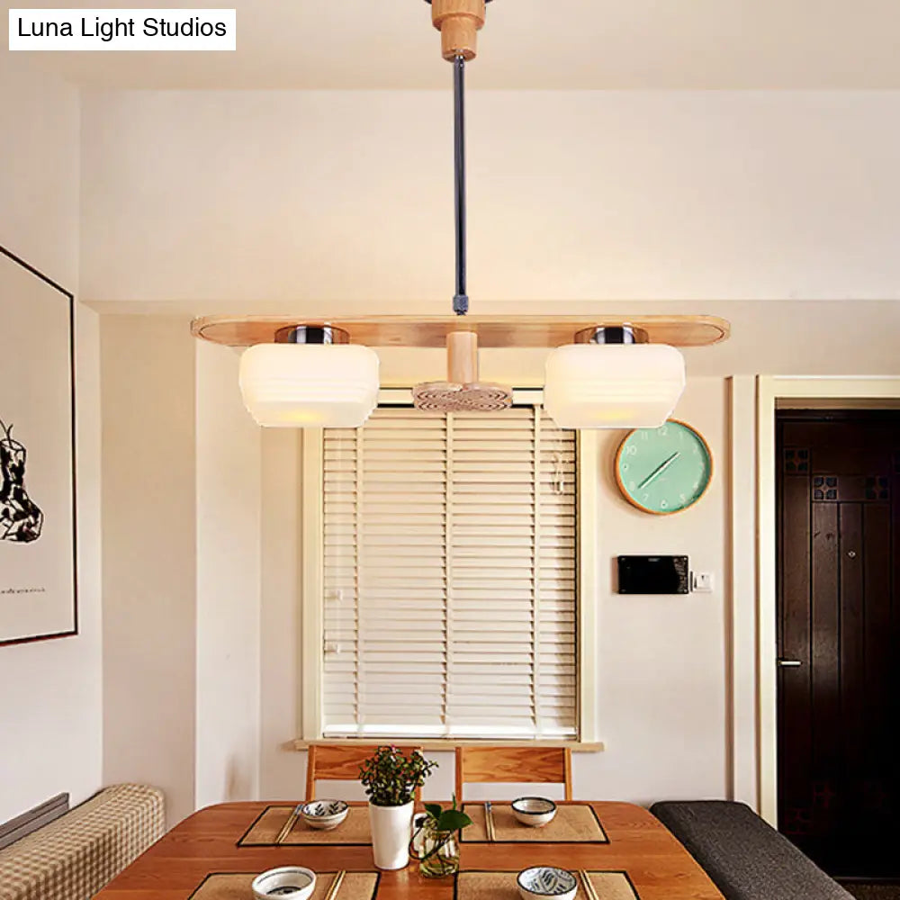 Modernist Wood Pendant Chandelier With Rectangular Frame 2 Lights Square Cream Glass Shade - Ideal