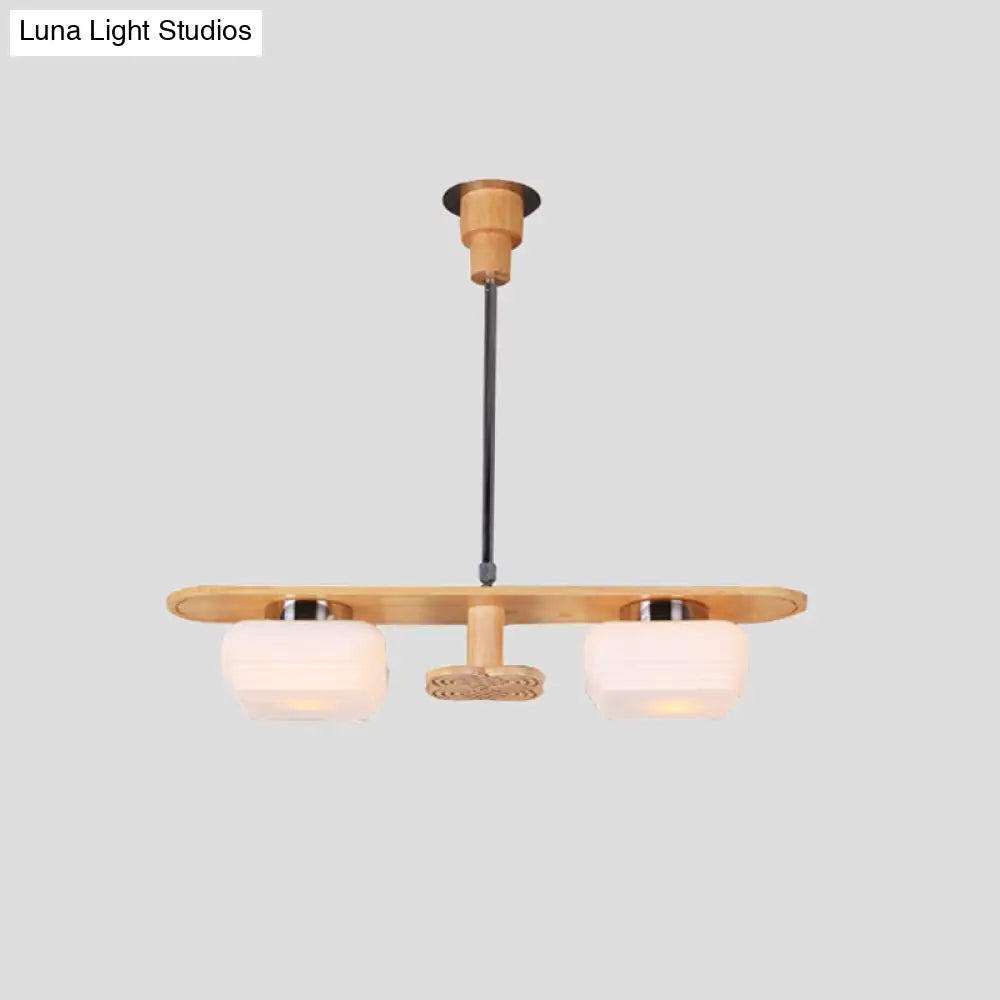 Modernist Wood Pendant Chandelier With Rectangular Frame 2 Lights Square Cream Glass Shade - Ideal