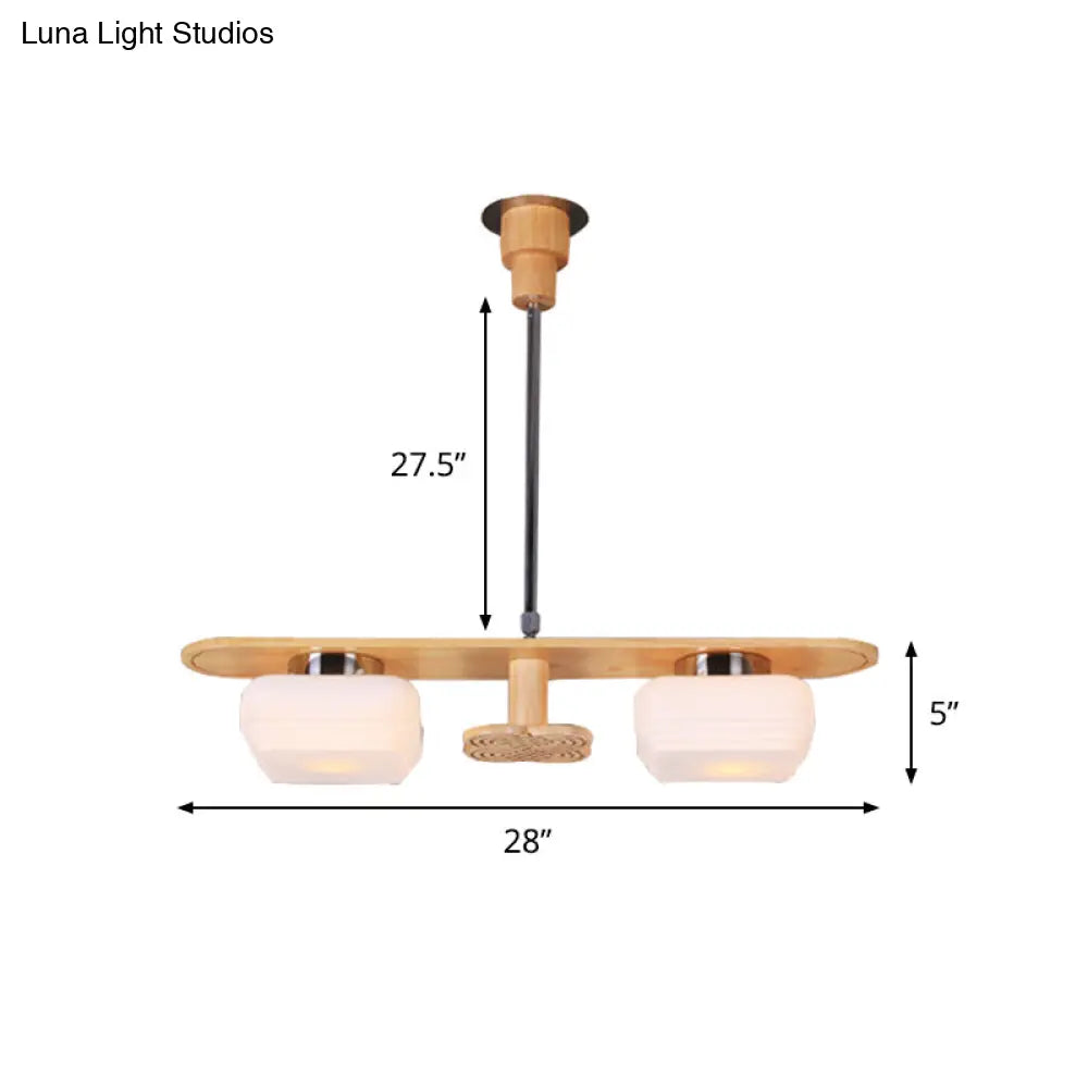 Modernist Wood Pendant Chandelier With Rectangular Frame 2 Lights Square Cream Glass Shade - Ideal