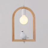 Modern Wood Pendant Lamp With Arch Shelf And Hanging Light In Beige / Bird