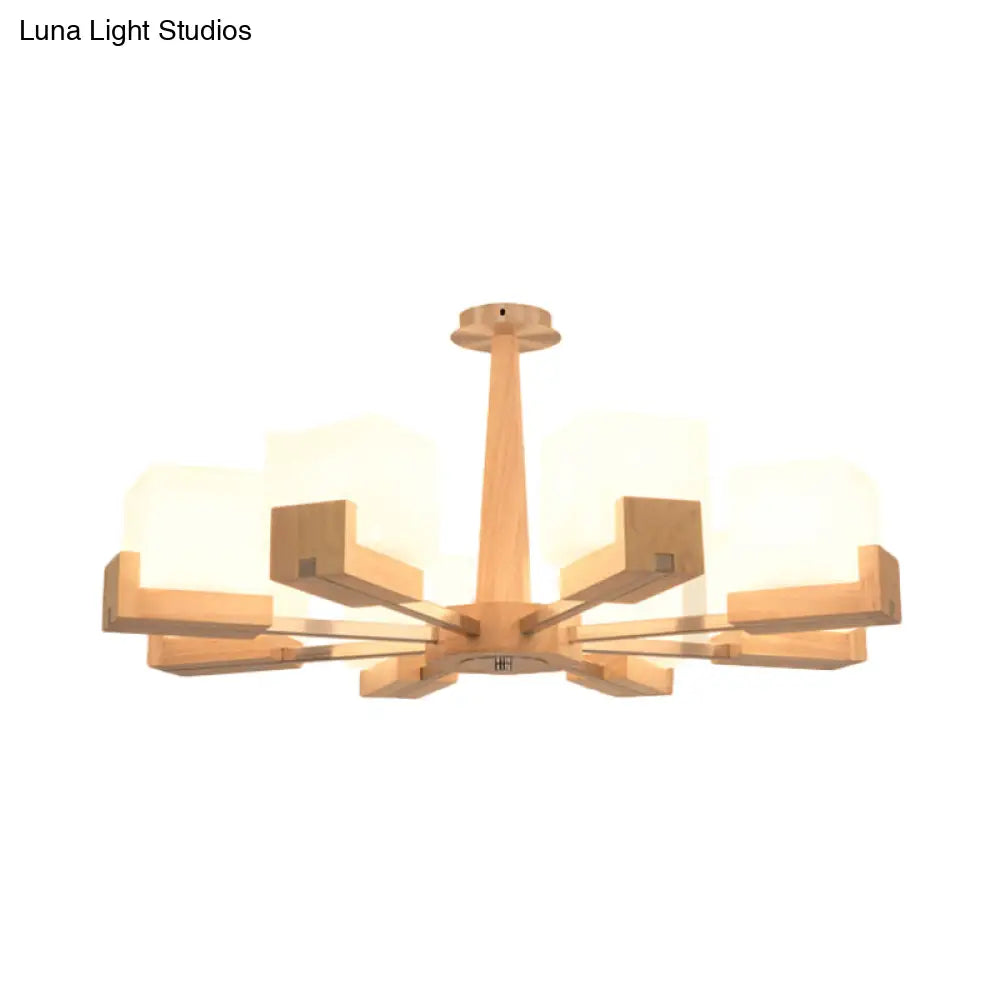 Modern Wood Radial Semi Flush Ceiling Lamp With White Glass Shade - 3/5/8 Lights Beige Fixture