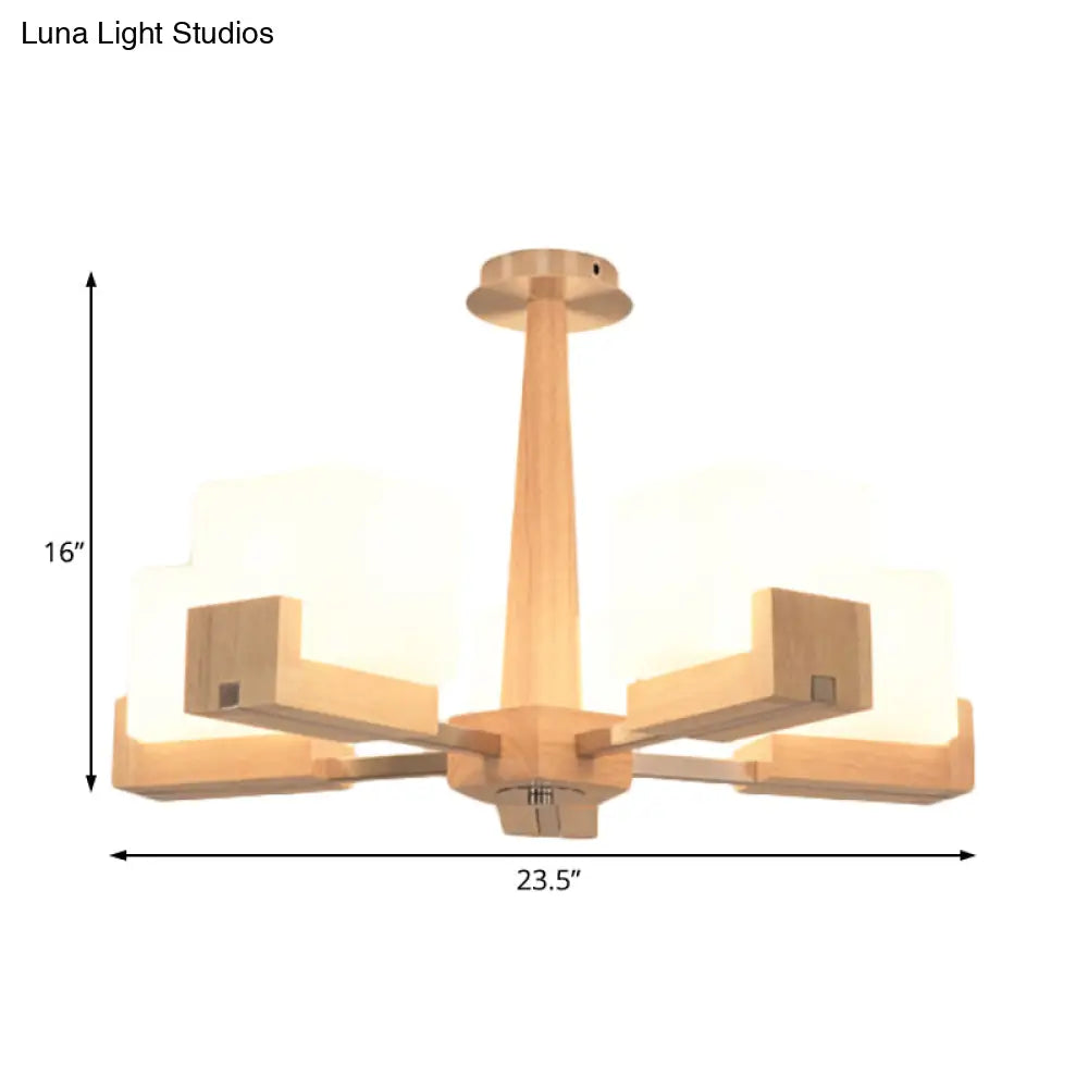 Modern Wood Radial Semi Flush Ceiling Lamp With White Glass Shade - 3/5/8 Lights Beige Fixture