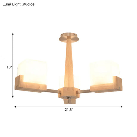 Modern Wood Radial Semi Flush Ceiling Lamp With White Glass Shade - 3/5/8 Lights Beige Fixture