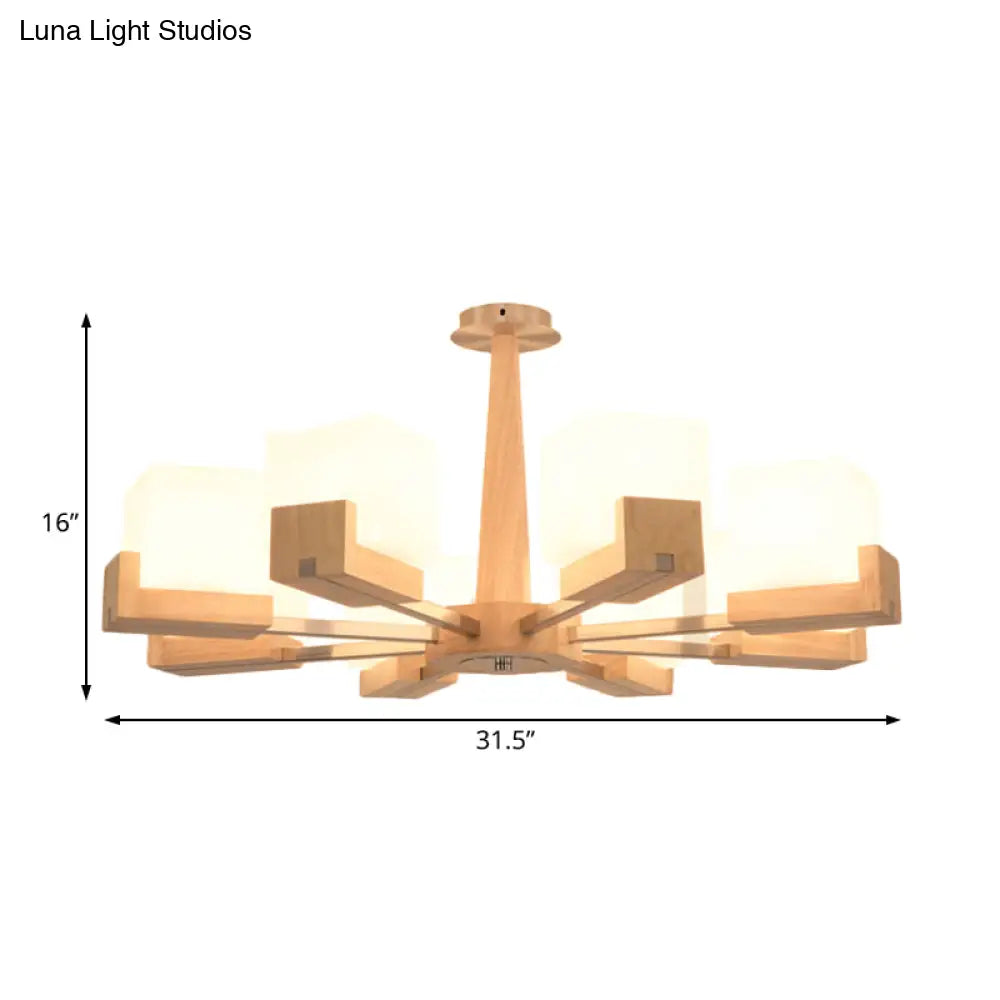 Modern Wood Radial Semi Flush Ceiling Lamp With White Glass Shade - 3/5/8 Lights Beige Fixture