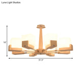 Modern Wood Radial Semi Flush Ceiling Lamp With White Glass Shade - 3/5/8 Lights Beige Fixture