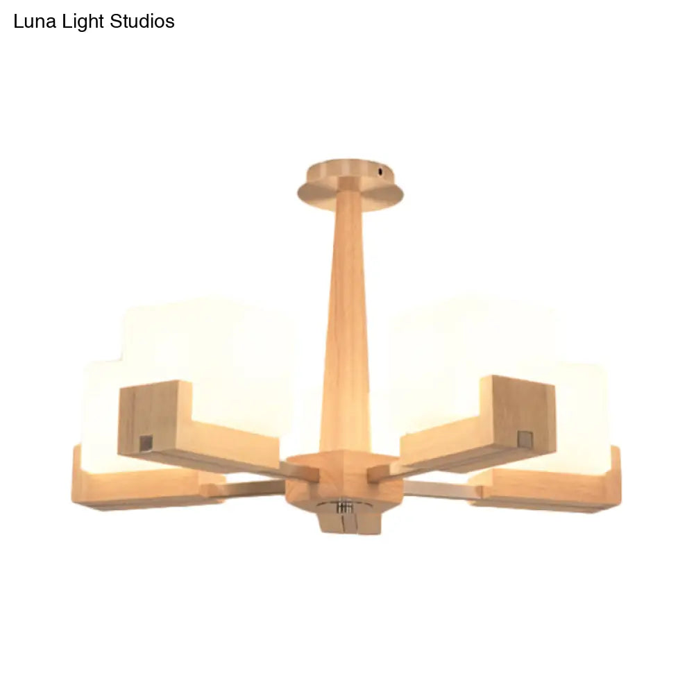 Modern Wood Radial Semi Flush Ceiling Lamp With White Glass Shade - 3/5/8 Lights Beige Fixture