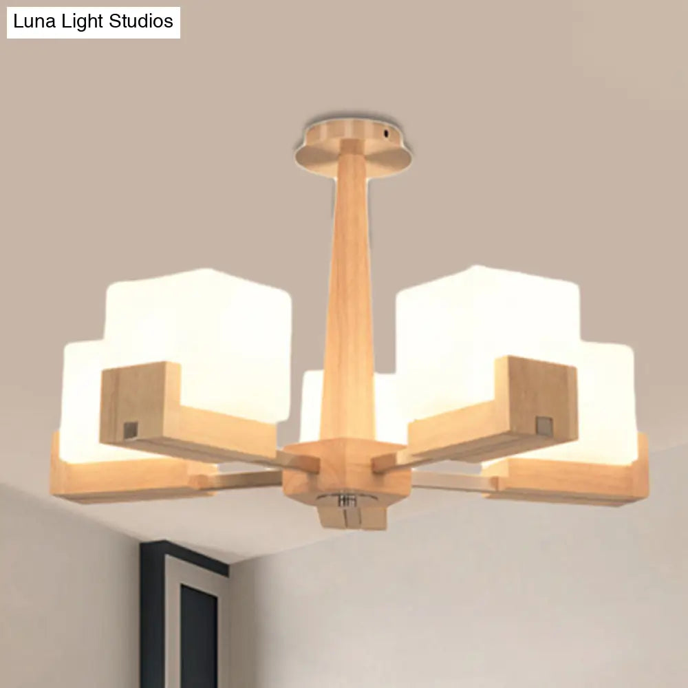 Modern Wood Radial Semi Flush Ceiling Lamp With White Glass Shade - 3/5/8 Lights Beige Fixture