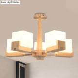 Modern Wood Radial Semi Flush Ceiling Lamp With White Glass Shade - 3/5/8 Lights Beige Fixture