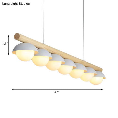 Modern Wood Stem Linear Chandelier - 5/7 Lights White Shade Billiard For Restaurants