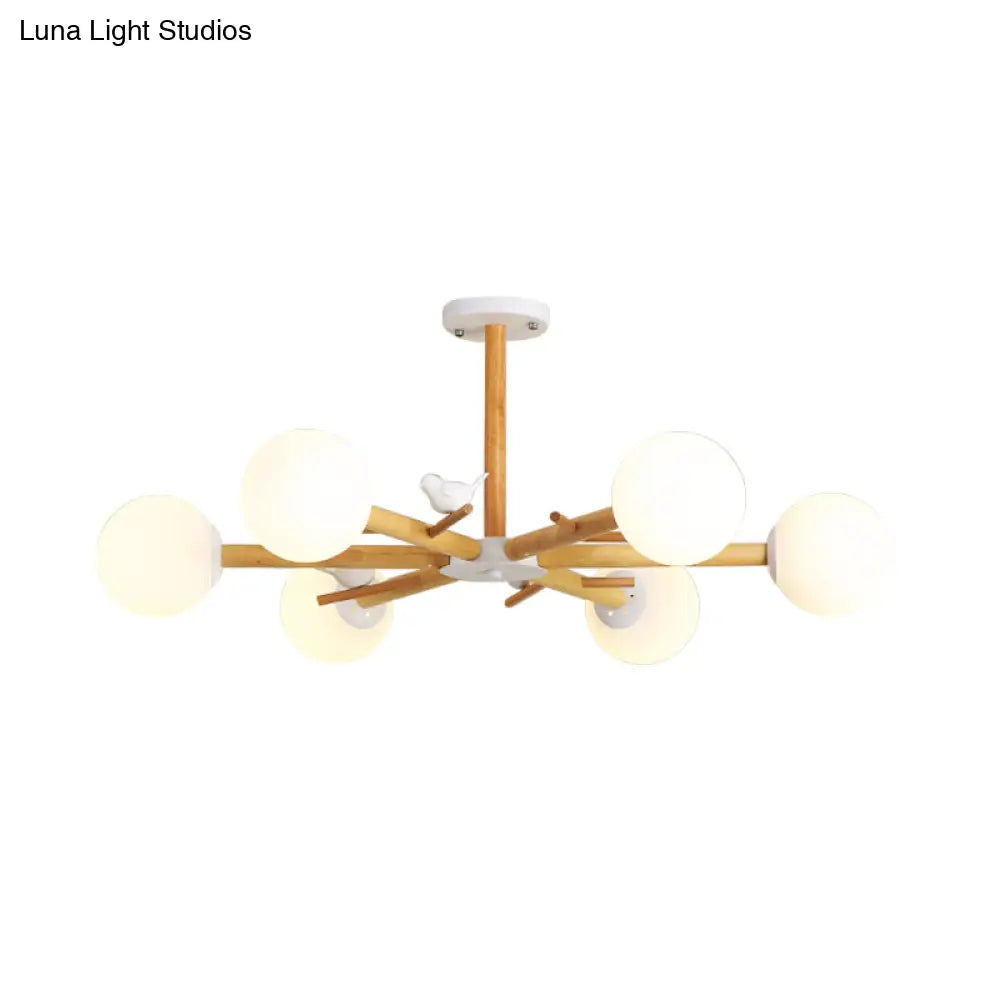 Modern Wooden Branch Flush Chandelier With Ball Cream Glass Shades - Nordic Design 3/6/8 Heads White