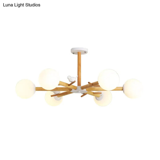 Modern Wooden Branch Flush Chandelier With Ball Cream Glass Shades - Nordic Design 3/6/8 Heads White