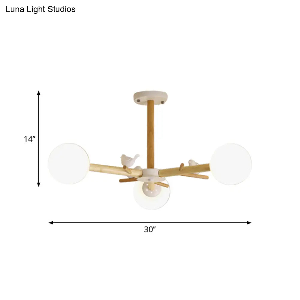 Modern Wooden Branch Flush Chandelier With Ball Cream Glass Shades - Nordic Design 3/6/8 Heads White