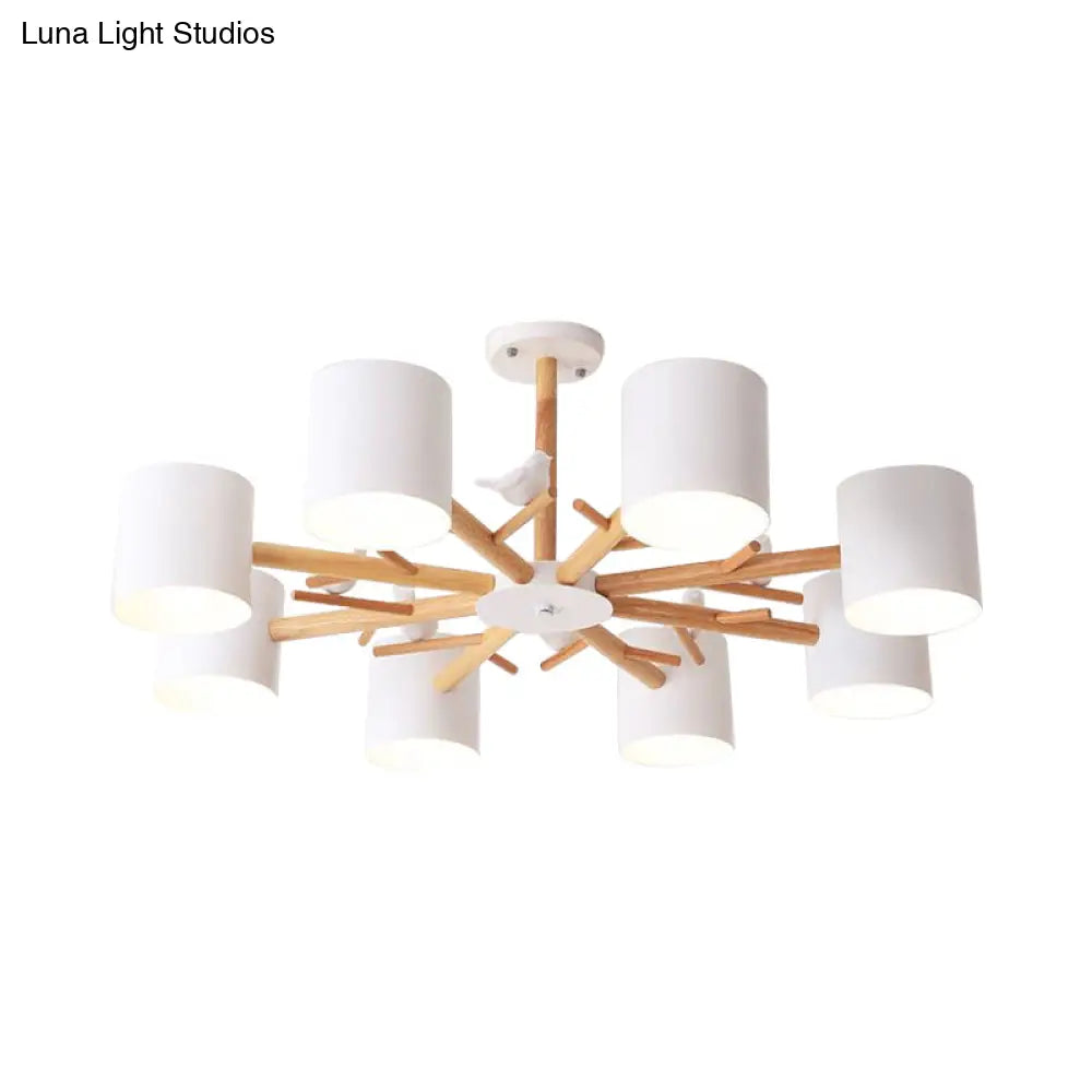 Modern Wooden Branch Flush Chandelier With Ball Cream Glass Shades - Nordic Design 3/6/8 Heads White