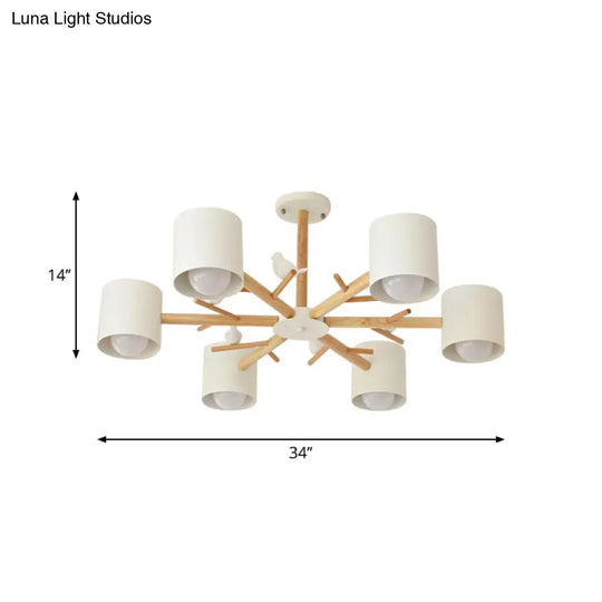 Modern Wooden Branch Flush Chandelier With Ball Cream Glass Shades - Nordic Design 3/6/8 Heads White