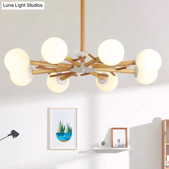 Modern Wooden Branch Flush Chandelier With Ball Cream Glass Shades - Nordic Design 3/6/8 Heads White