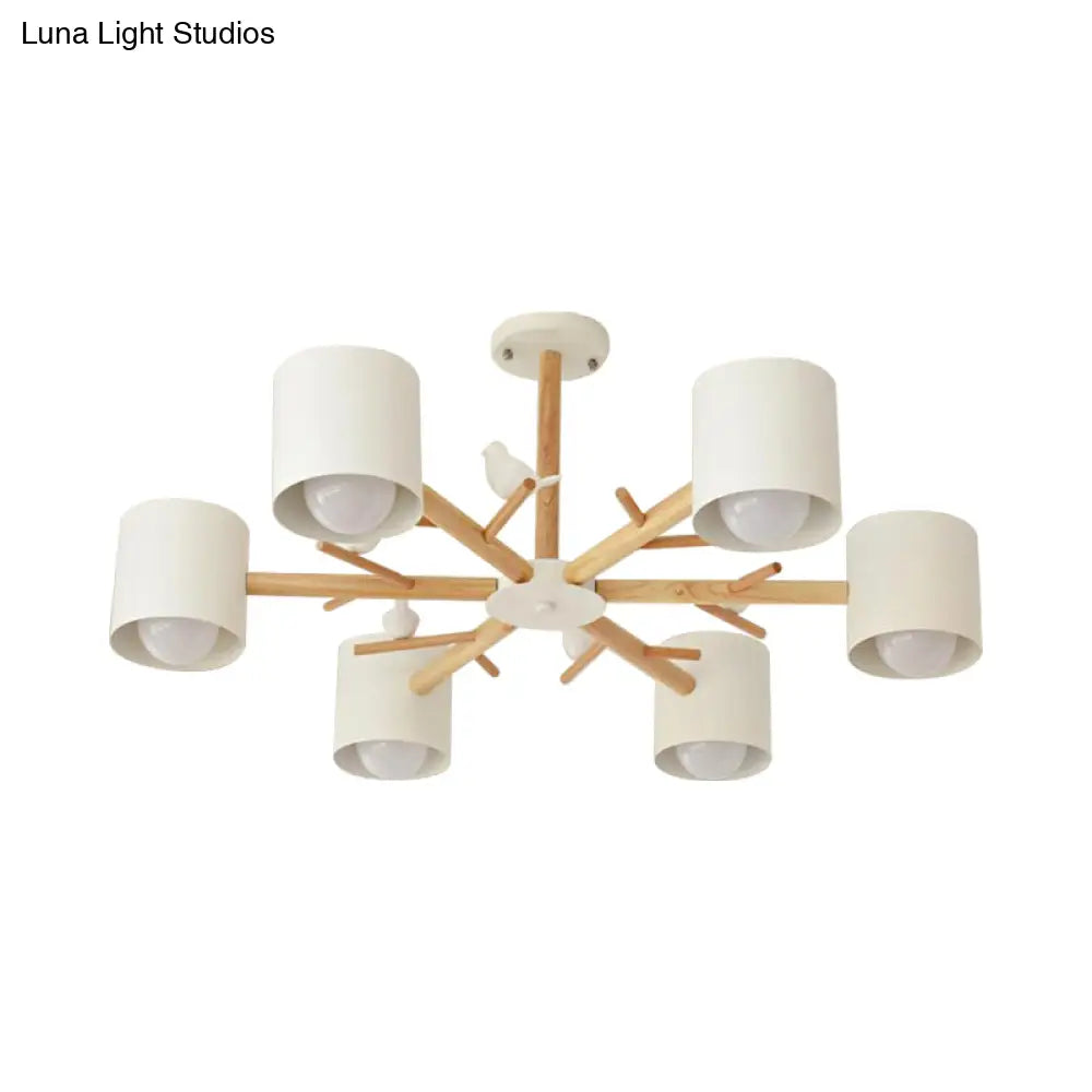 Modern Wooden Branch Flush Chandelier With Ball Cream Glass Shades - Nordic Design 3/6/8 Heads White