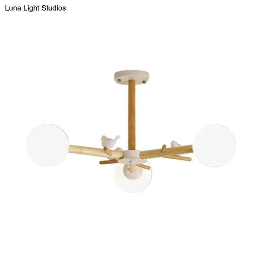 Modern Wooden Branch Flush Chandelier With Ball Cream Glass Shades - Nordic Design 3/6/8 Heads White