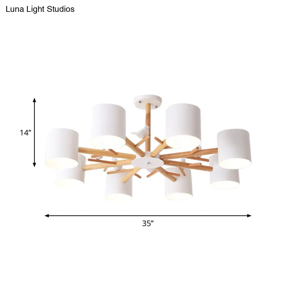 Modern Wooden Branch Flush Chandelier With Ball Cream Glass Shades - Nordic Design 3/6/8 Heads White