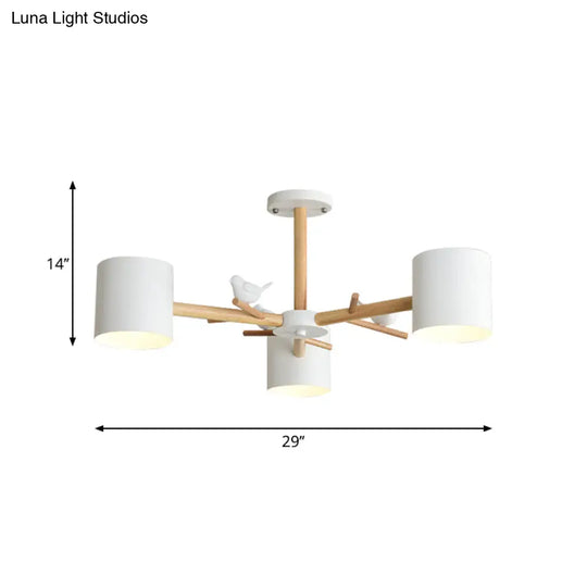 Modern Wooden Branch Flush Chandelier With Ball Cream Glass Shades - Nordic Design 3/6/8 Heads White